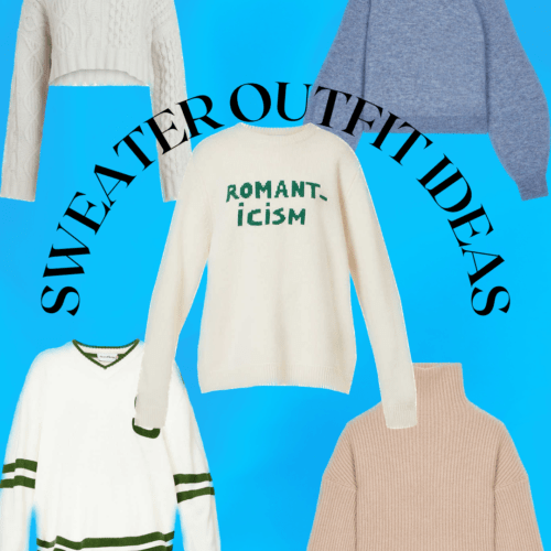 Collage of chic stylish sweaters for women in cream, blue, tan and green.