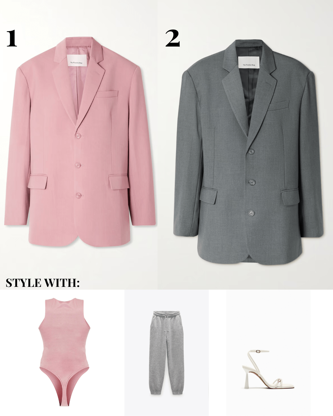 Pink and grey blazer outfit idea for women.