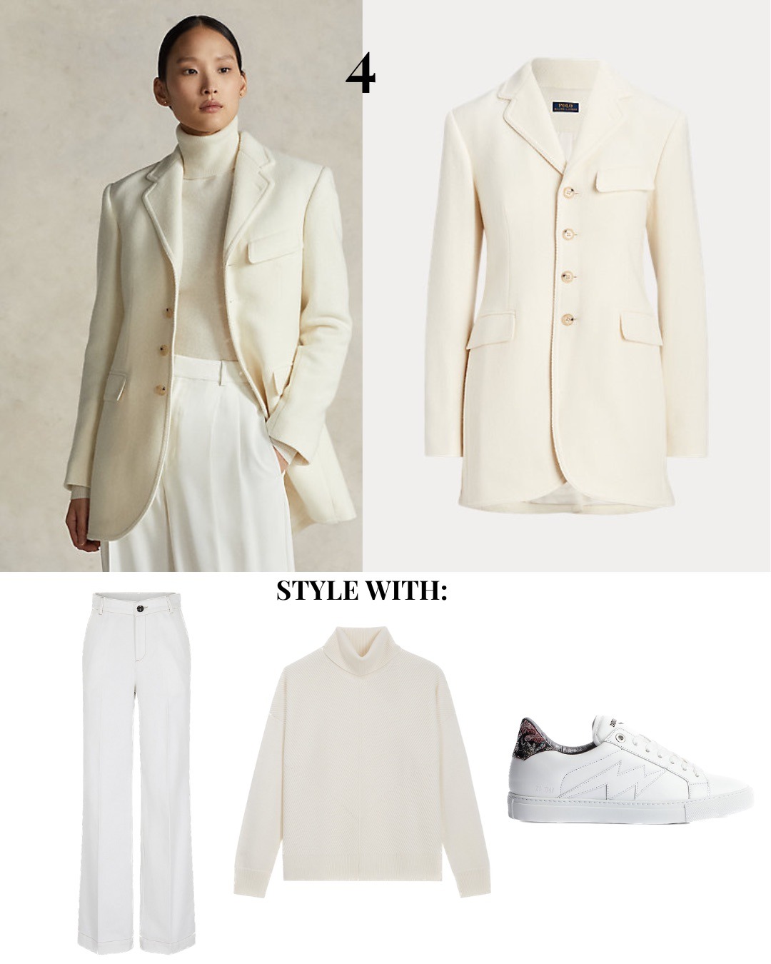 All white blazer outfit idea: white blazer, white jeans, white jumper and white trainers.