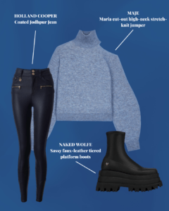 Blue sweater outfit: high neck knit jumper, jeans and platform boots.