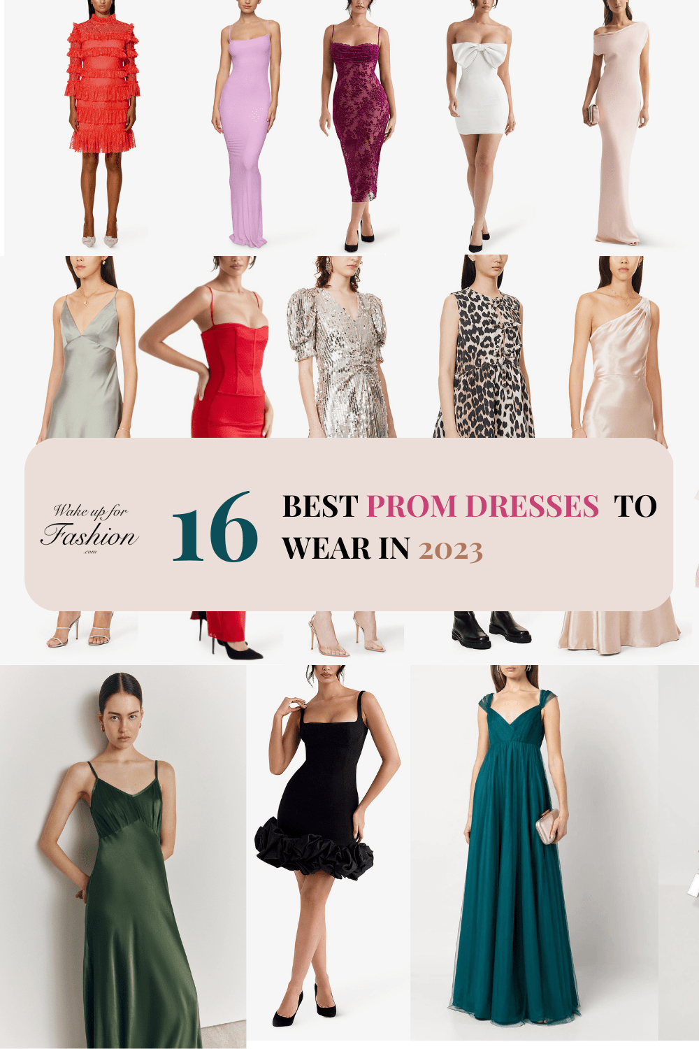 Best prom dresses for 2023 in red, pink, cream, black, green, silver and patterned.