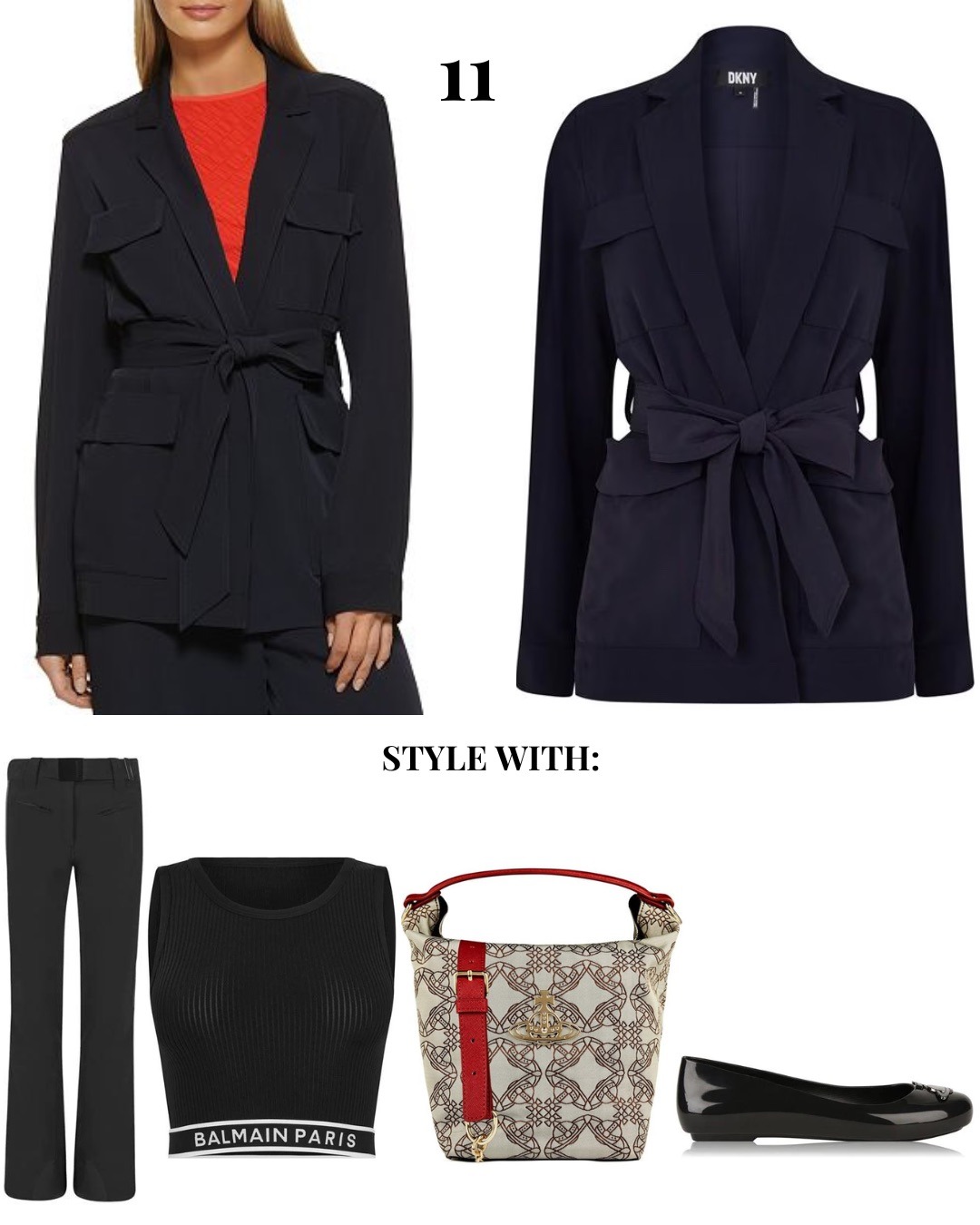 How to style navy belted blazer: black trousers, top, flats and patterned handbag.
