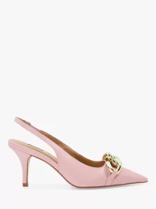 Pink slingback prom heels with closed toe and open heel.