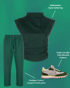 Green knitted top styled with green track pants and Marc Jacobs trainers.