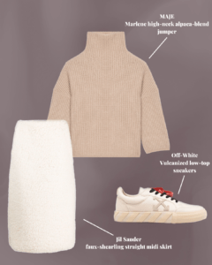 High neck jumper outfit: jumper styled with midi skirt and Off-White sneakers.