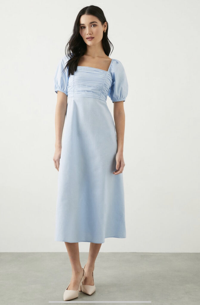 Blue ruched midi dress to wear to graduation.