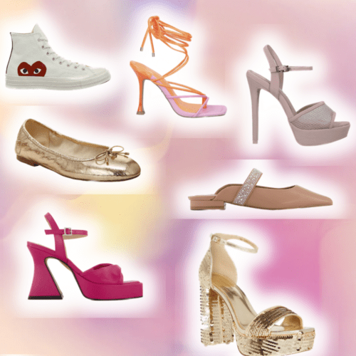 Collage of best prom heels, prom sneakers and prom flats.