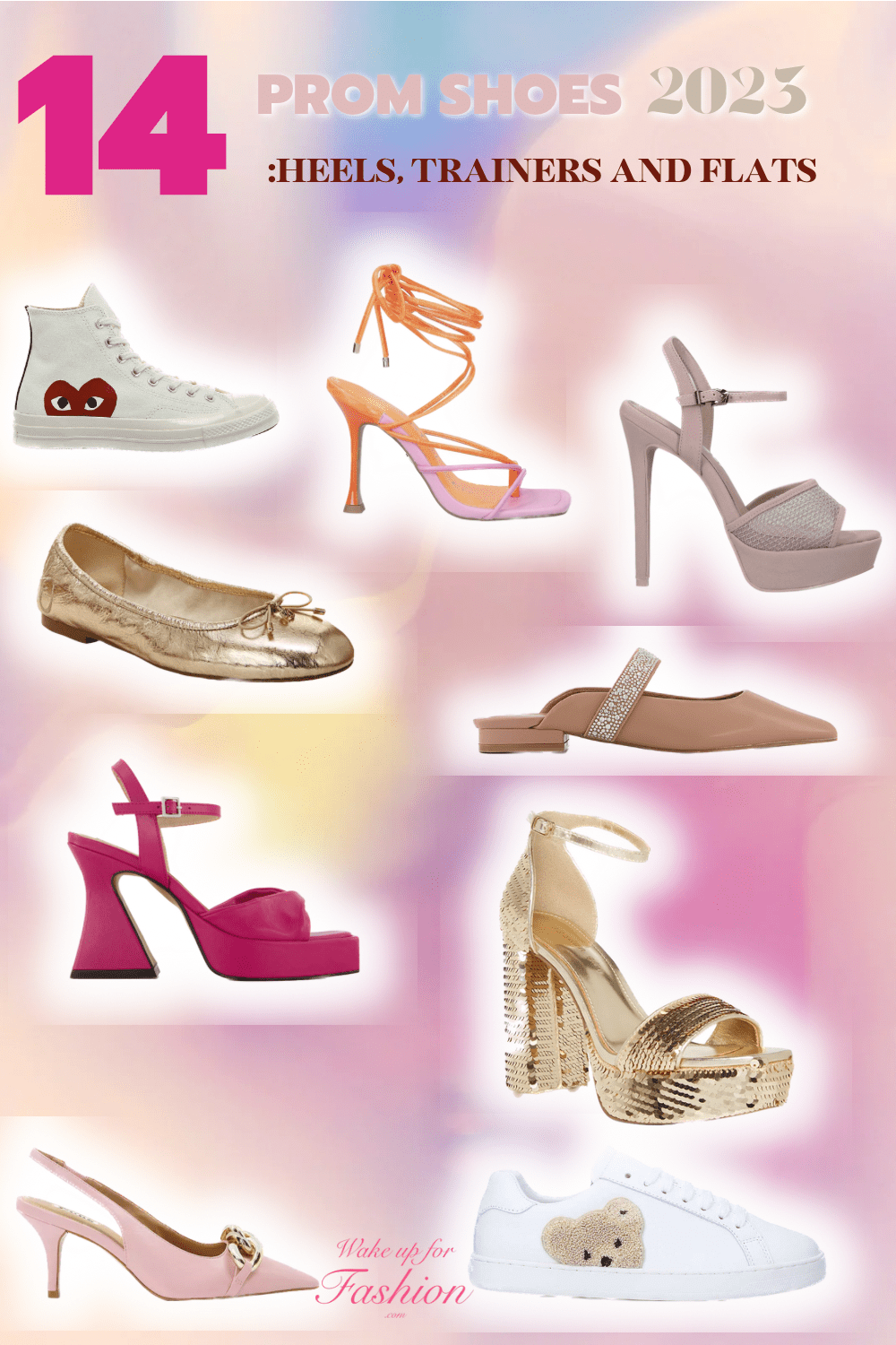 Collage of best prom heels, prom sneakers and prom flats.