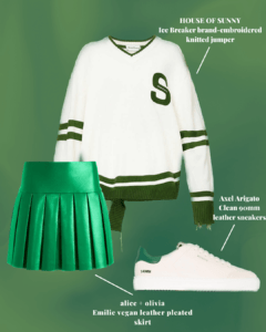 Cream and green sweater outfit: sweater styled with skirt and sneakers.
