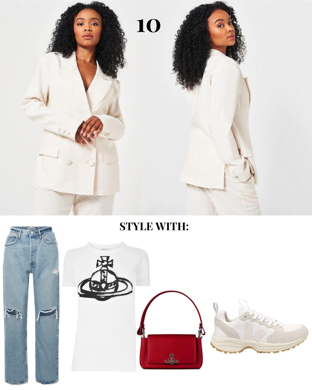 Linen blazer styled with jeans, white tee, red handbag and trainers.