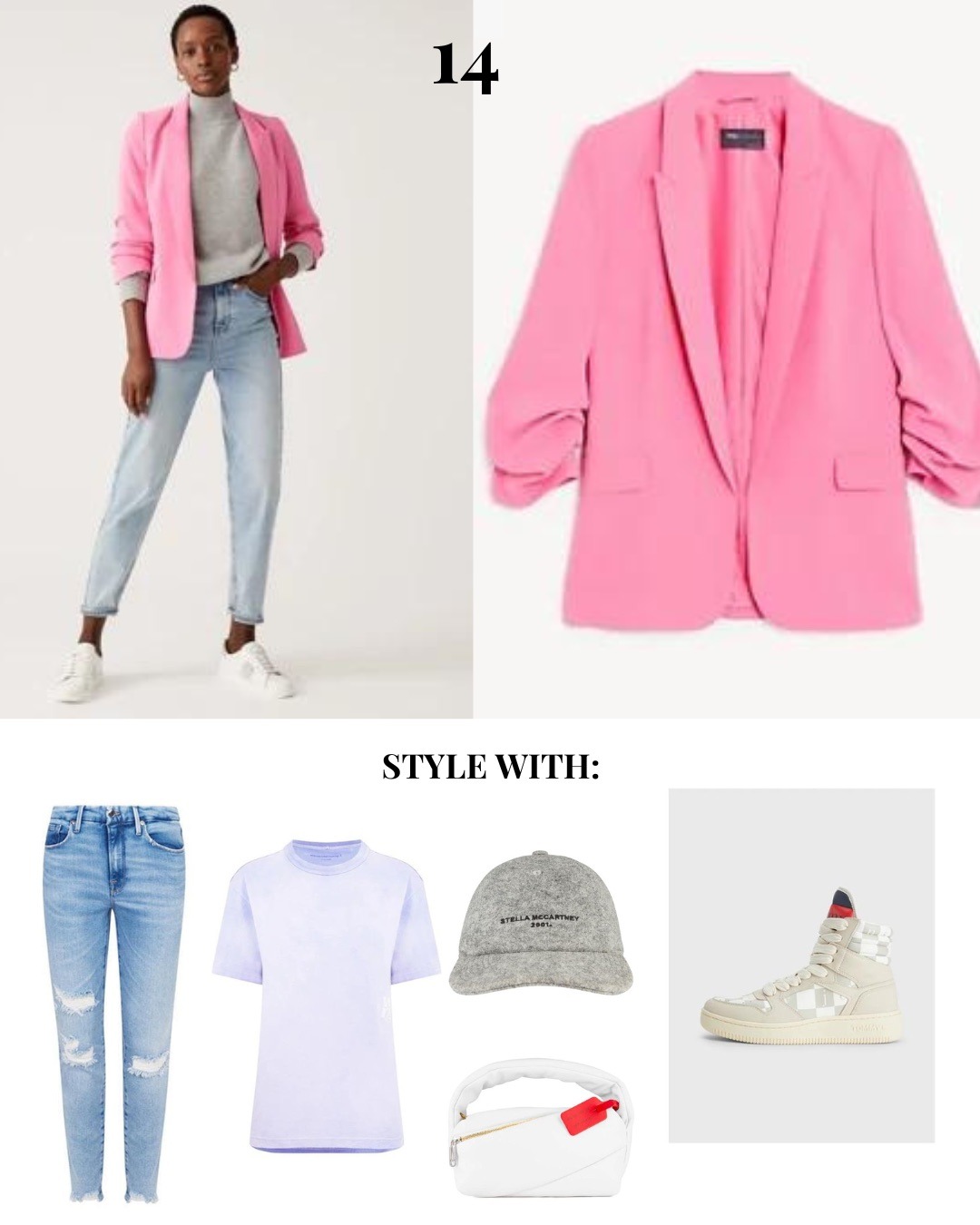 Pink blazer styled with jeans, top, cap, handbag and sneakers.