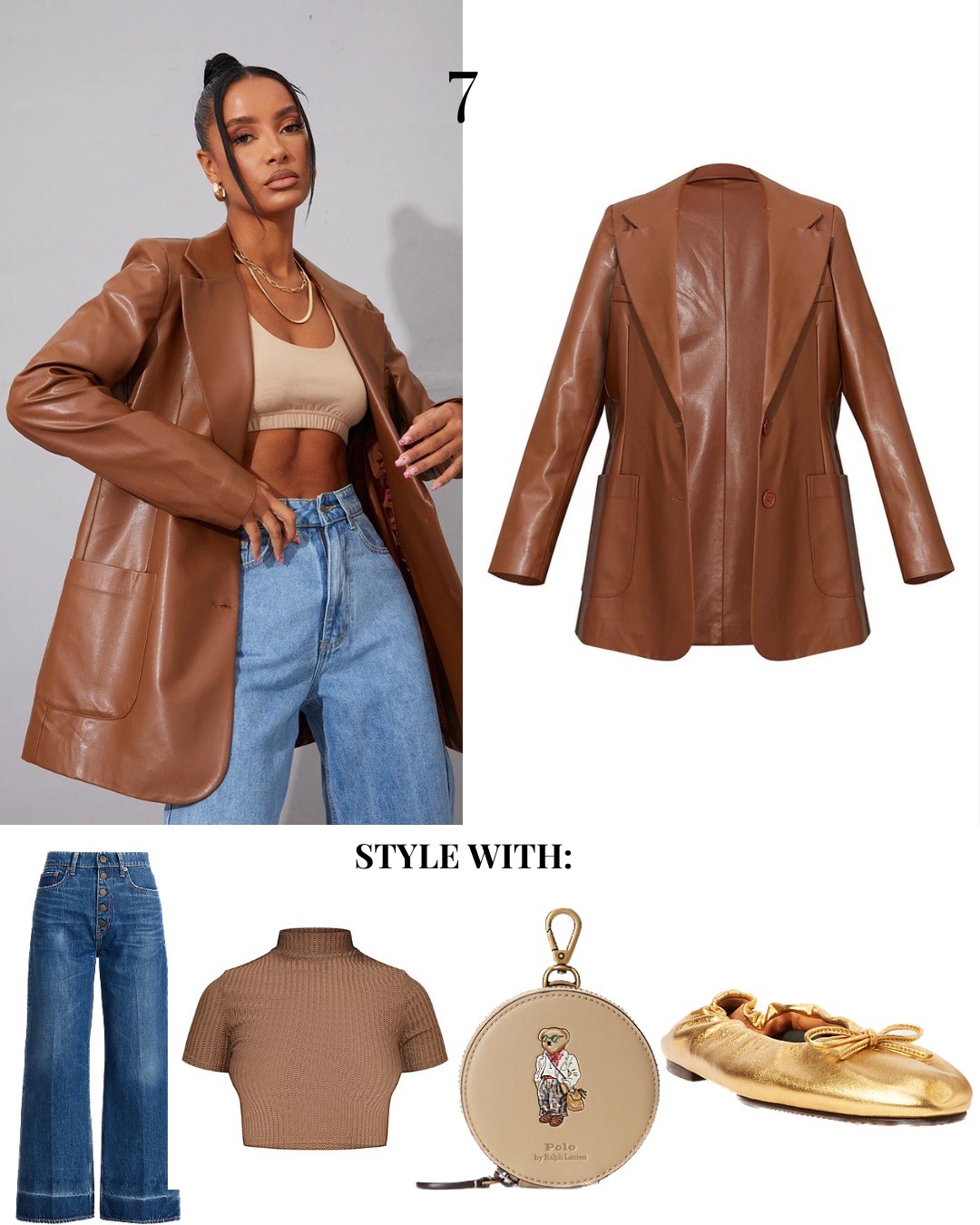Brown blazer outfit idea for women.