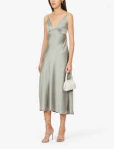 Satin olive green dress for wearing to formal dresses.