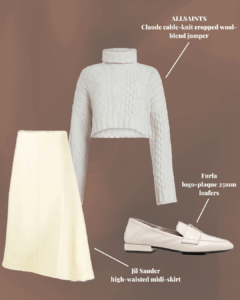 Cable-knit jumper outfit: jumper styled with high waisted midi skirt and cream loafers.