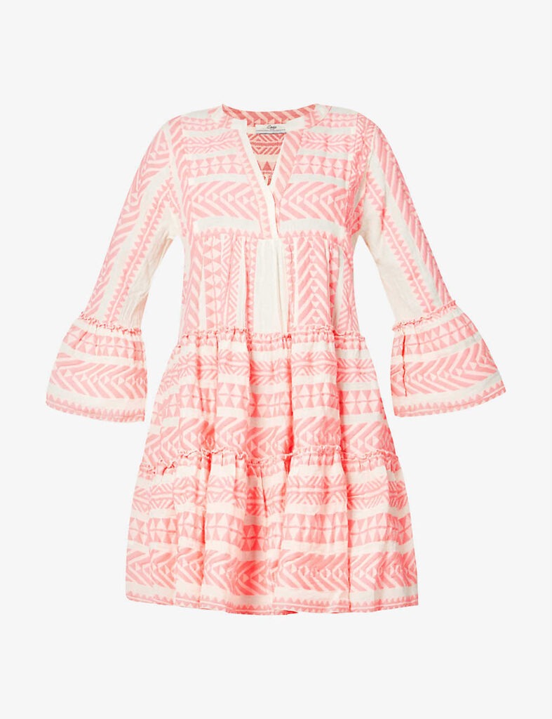 Pink and white patterned dress to wear in summer. 