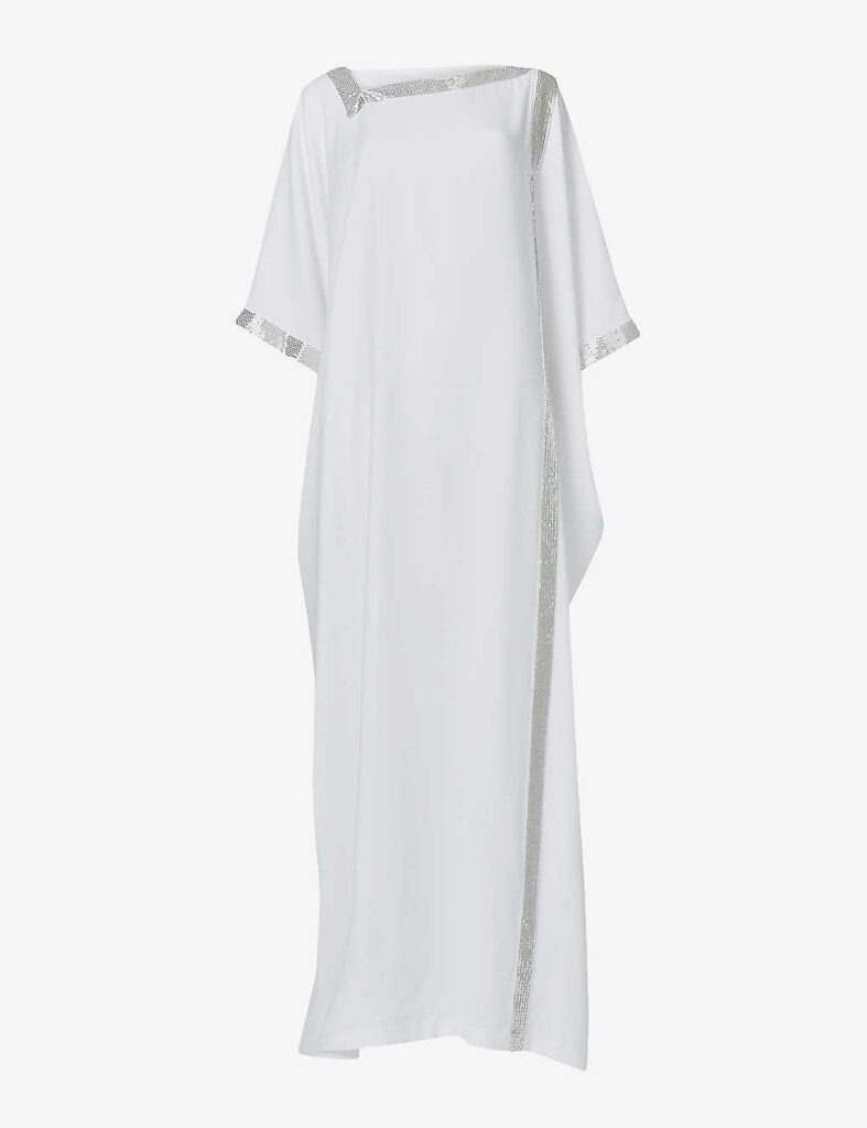 White and silver kaftan dress to wear in summer.