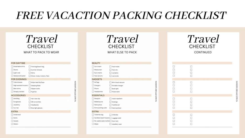 Checklist with everything to pack in your suitcase for vacation