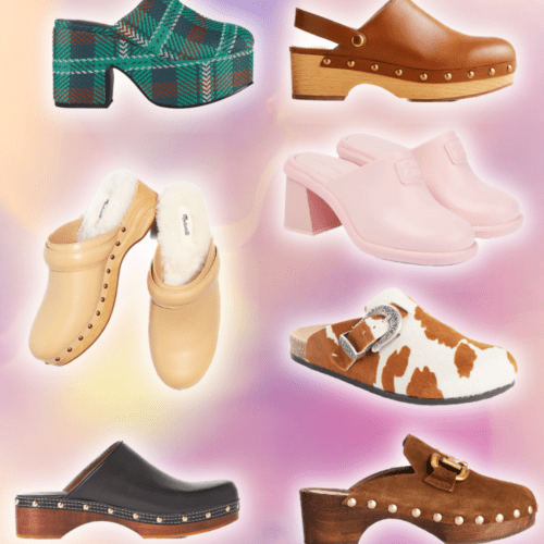 Collection of women’s clogs in brown, pink, black, silver, green, cream, white and beige.