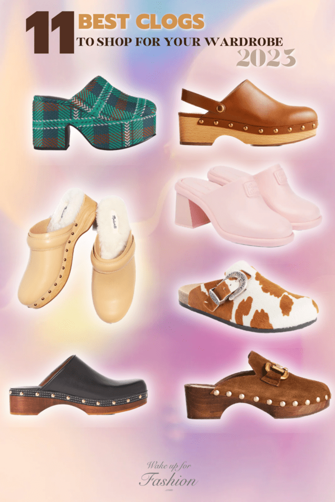 Collection of women’s clogs in brown, pink, black, silver, green, cream, white and beige.