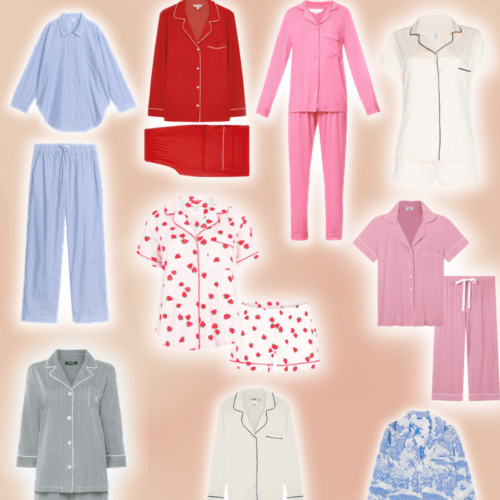 Collection of pyjama sets for women including luxury pyjamas, silk pyjamas and pyjamas in different colours.