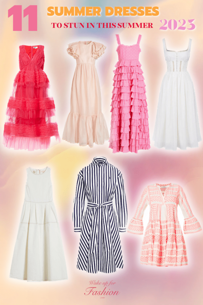 Collection of summer dresses in red, white, pink, blue, peach and black.