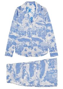 Blue and white patterned luxury pyjama set for women.