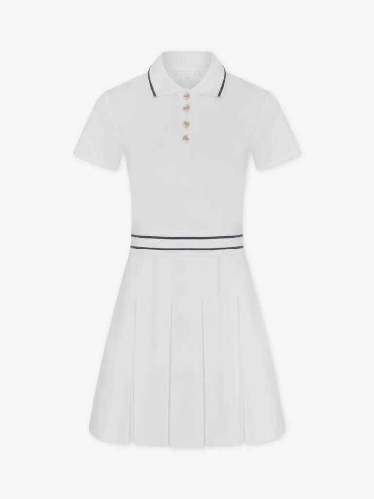 Snow white tennis dress with black stripes.