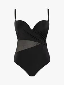 Black swimsuit with plunging neck line.