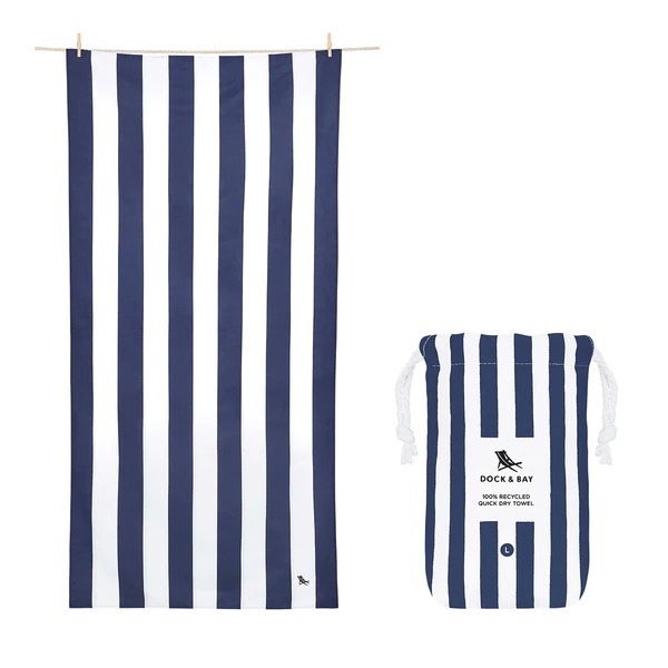 Navy and white striped beach towel.