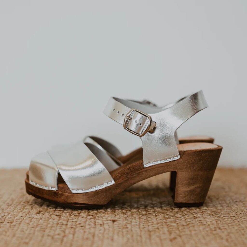 Silver clogs for women.