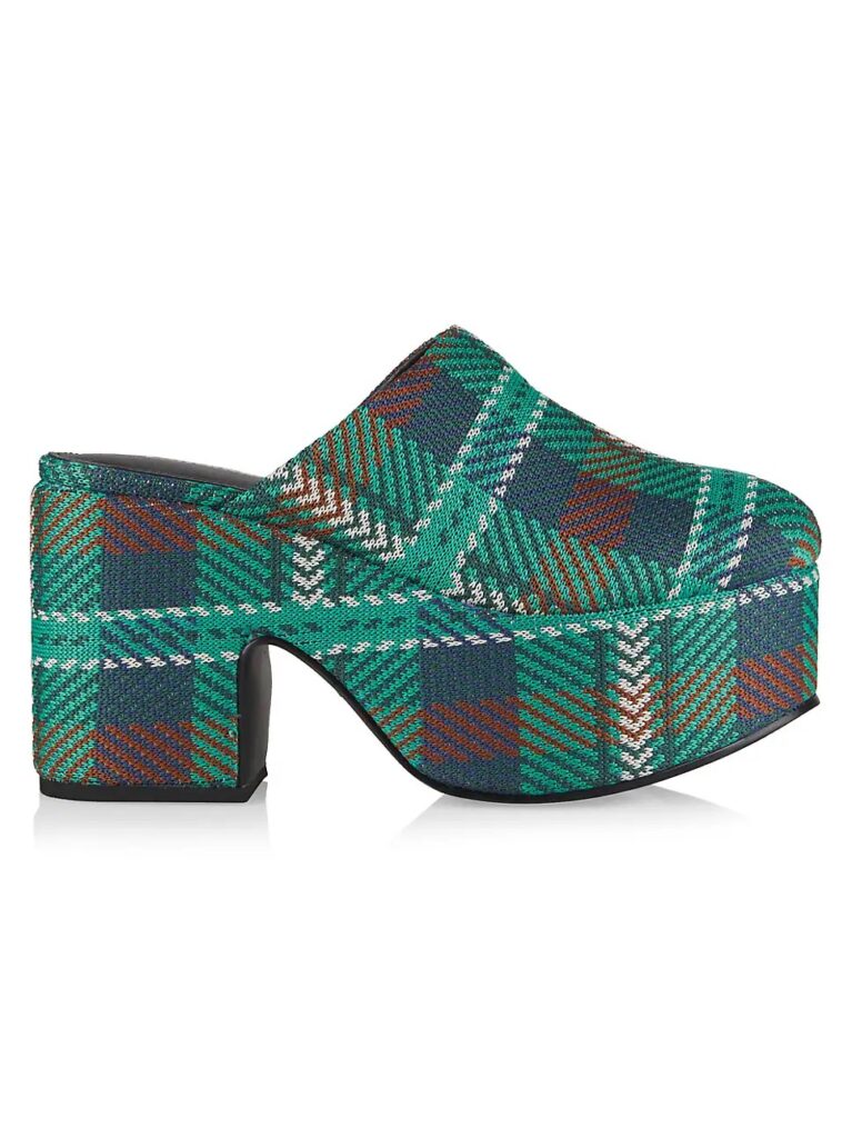 Women’s green tartan clogs with large heel.