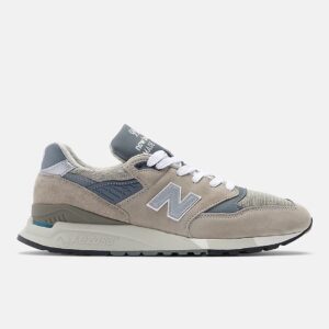 Grey with silver New Balance trainers.