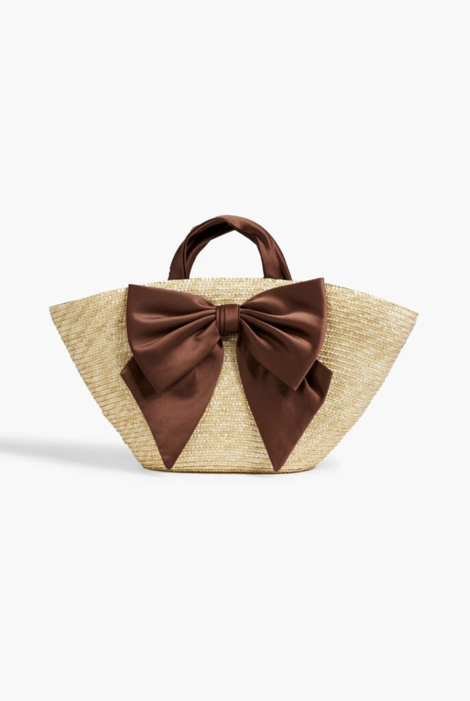 EUGENIA KIM quiet luxury straw tote bag with large brown bow