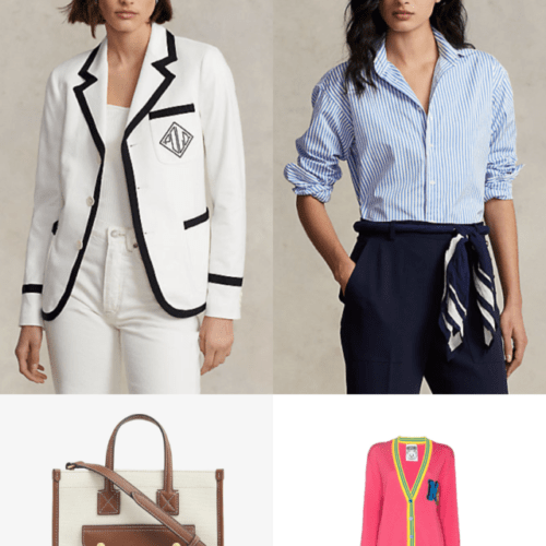 Preppy blazer, loafers, tote bags, skirts and trainers.