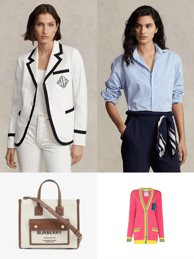 Preppy blazer, loafers, tote bags, skirts and trainers.