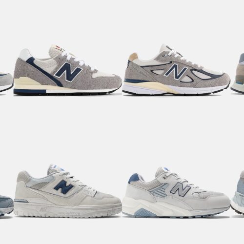 Collection of grey New Balance trainers.