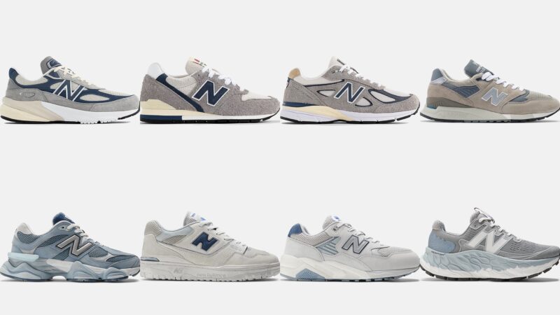 Collection of grey New Balance trainers.