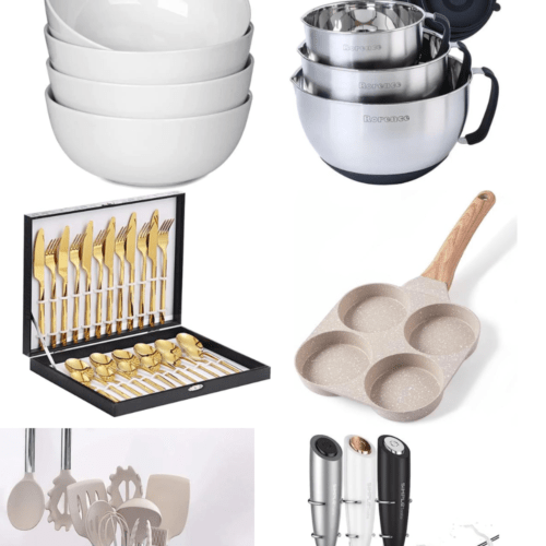 Collection of kitchen finds including gadgets, cutlery, tableware and glassware.