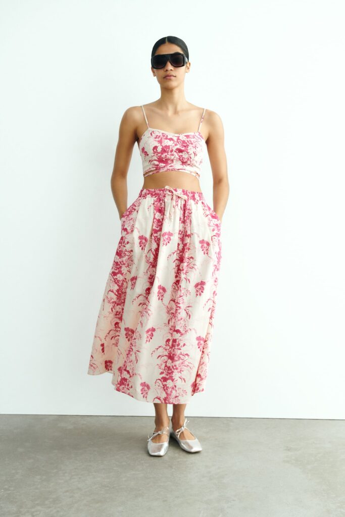 Pink crop top and midi skirt from Zara