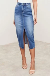 Denim high rise denim midi skirt with split front