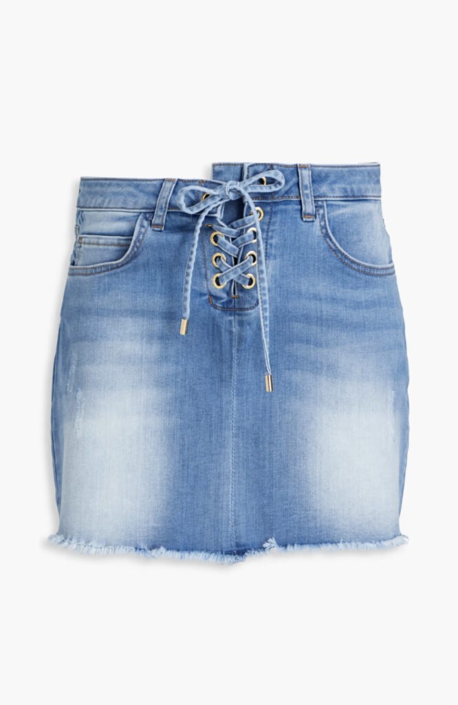 Distressed denim mini skirt