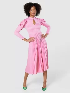 Pink wedding guest dress with puffy sleeves