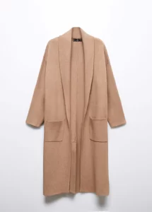 Beige oversized knitted coat with pockets