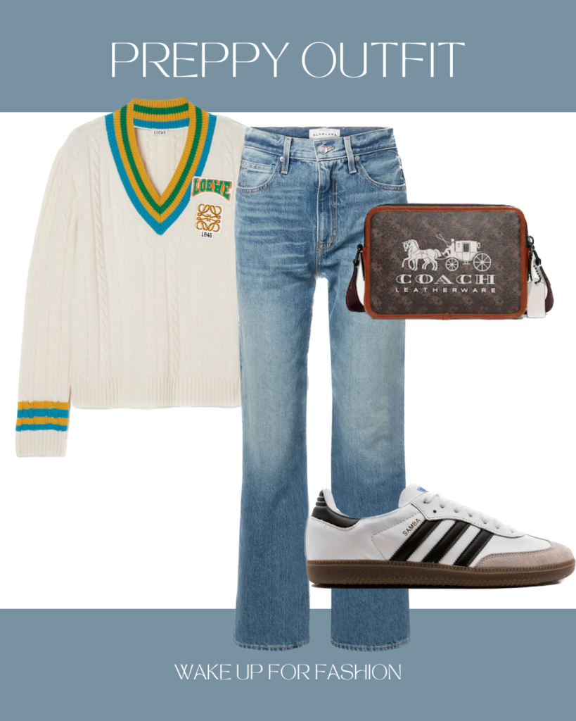 Preppy jumper styled with jeans, Coach bag and Adidas sambas