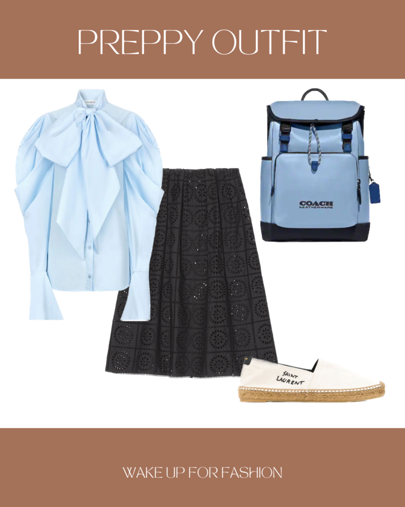 Blue shirt styled with black skirt, white Saint Laurent espadrilles and a blue Coach backpack.