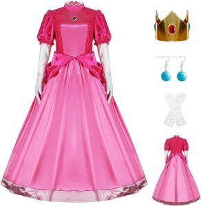 Princess Peach Halloween costume including pink dress, crown, earrings and gloves