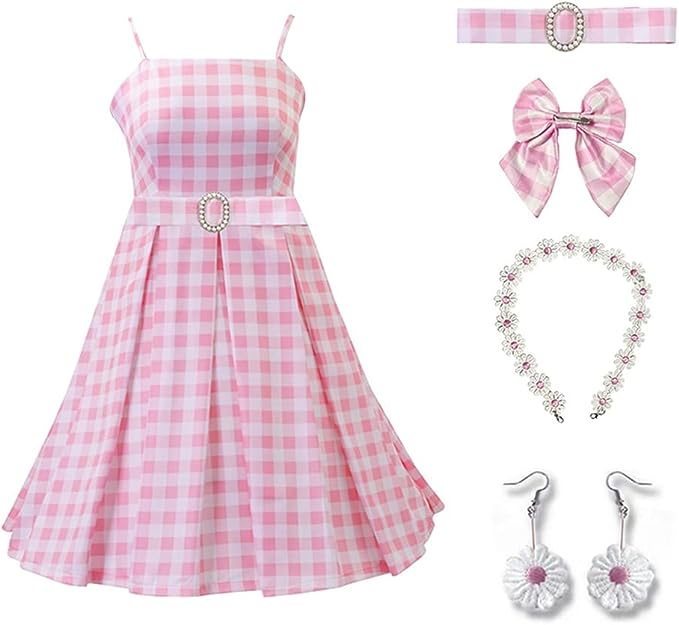 Barbie land chequered pink and white dress for Halloween costume idea