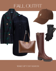 Navy shirt dress, brow cap, brown tote bag, brown tall boots and black gloves styled for fall look.