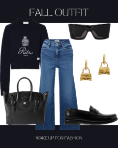 Navy jumper styled with wide-leg jeans, black sunglasses, black bag, black loaders and mini bag earrings for autumn outfit
