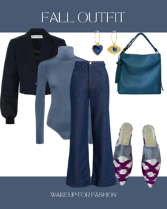 Navy blazer, blue sweater, jeans, blue handbag and purple mules styled for autumn outfit.